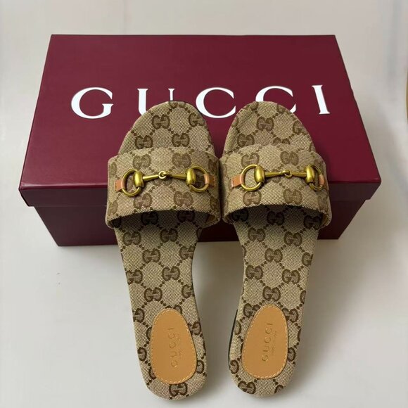 Gucci Shoes - New Gucci GG Canvas Horsebit Slides - Size 38